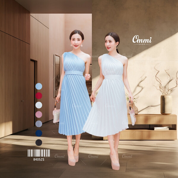 Ommishop ชุดราตรีสั้น 8405ZS เดรสอัดพลีท มีสายคาดเอว เดรสออกงาน ชุดงานแต่ง เพื่อนเจ้าสาว