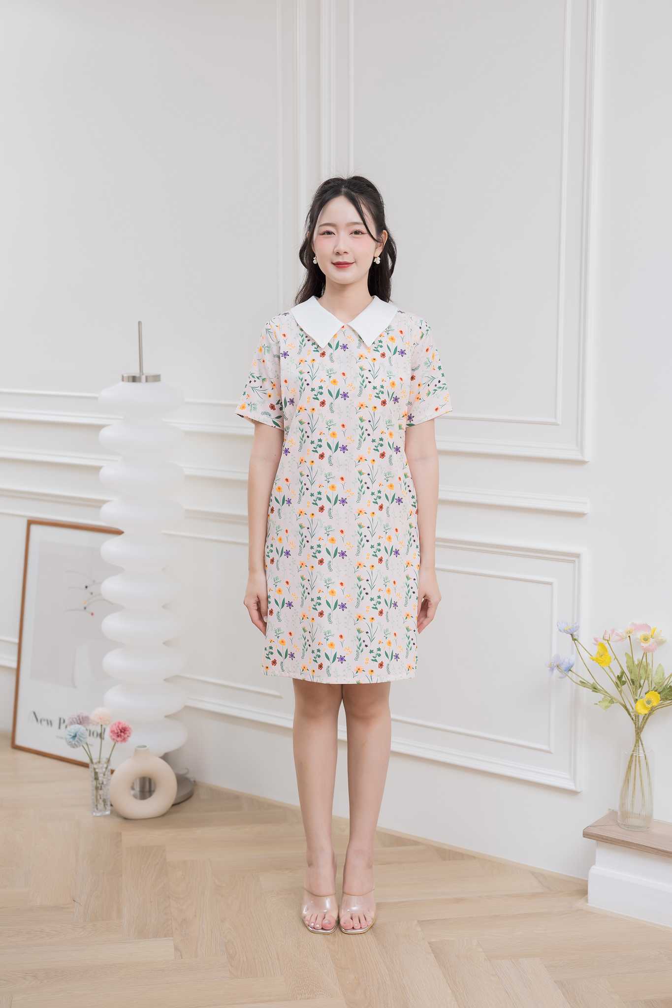 เดรสให้นม Pink flower collar dress