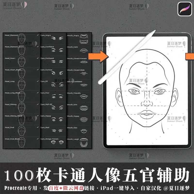 BHE001 Procreate บรัชเบส โครงหน้า ตา ริมฝีปาก โครงร่าง 100 บรัช