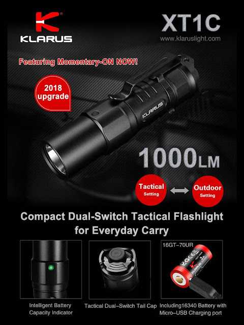 KLARUS ไฟฉาย รุ่น XT1C V.3 เล็ก แรง 1000 lm  ถ่าน 16340 สวิทซ์ท้าย Turbo และ กระพริบทันที