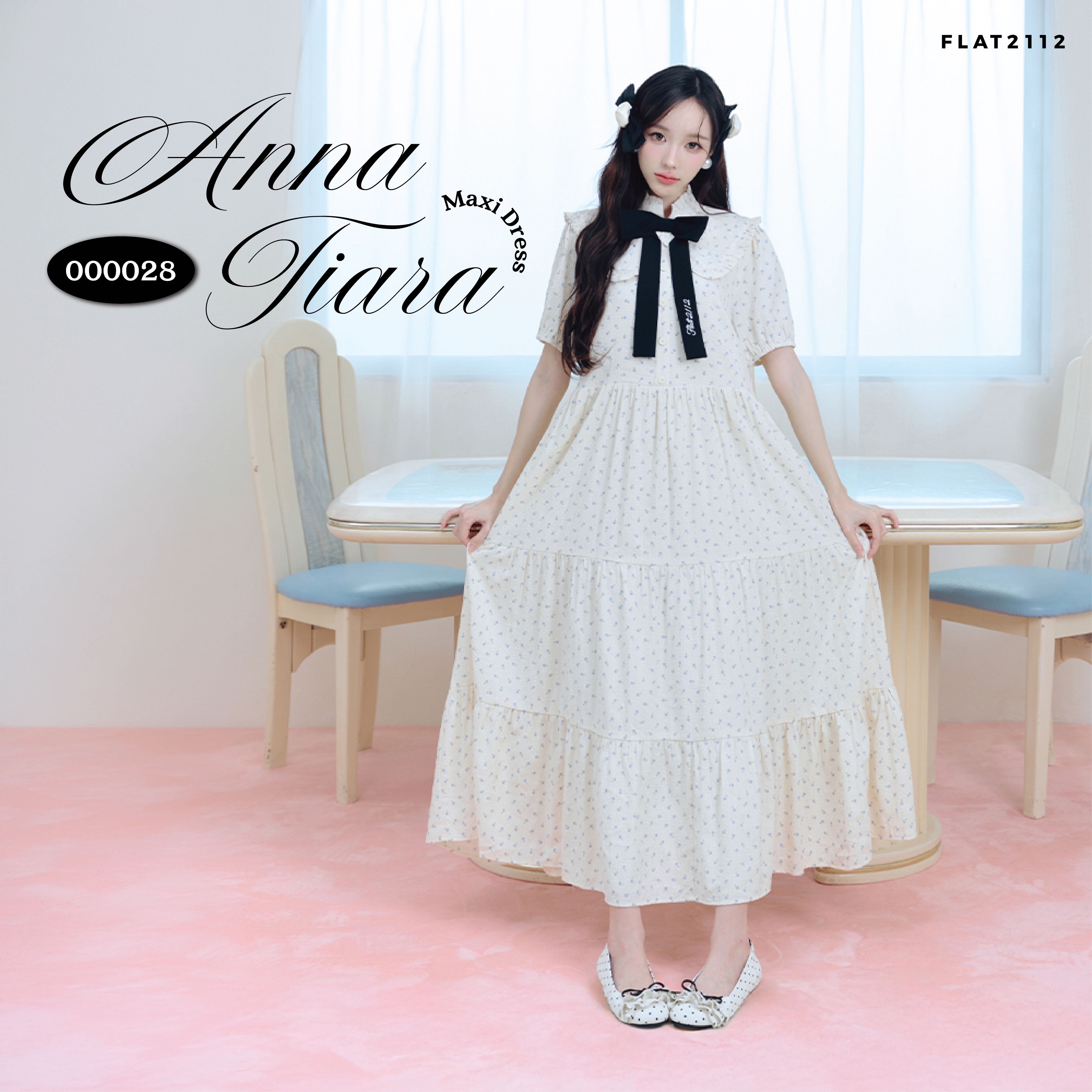 FLAT2112 : ANNA TIARA MAXI DRESS เดรสแม็กซี่ลายดอกสีครีม เดรสวินเทจแต่งโบว์กำมะหยี่สีดำ (000028)