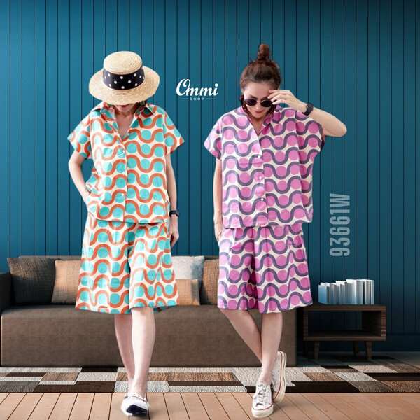 Ommishop 93661W ชุดเซ็ท เสื้อปกเชิ้ต และกางเกงขาสั้น ลายคลื่น Cotton Japan 100% (Bonus)[93661]