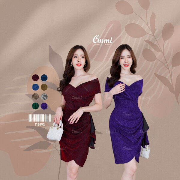 Ommishop ชุดราตรีสั้น 1126VS กระโปรงกลีบบัว ผ้าวิ้งเพชร เดรสสั้น เดรสออกงาน ชุดงานแต่ง เพื่อนเจ้าสาว
