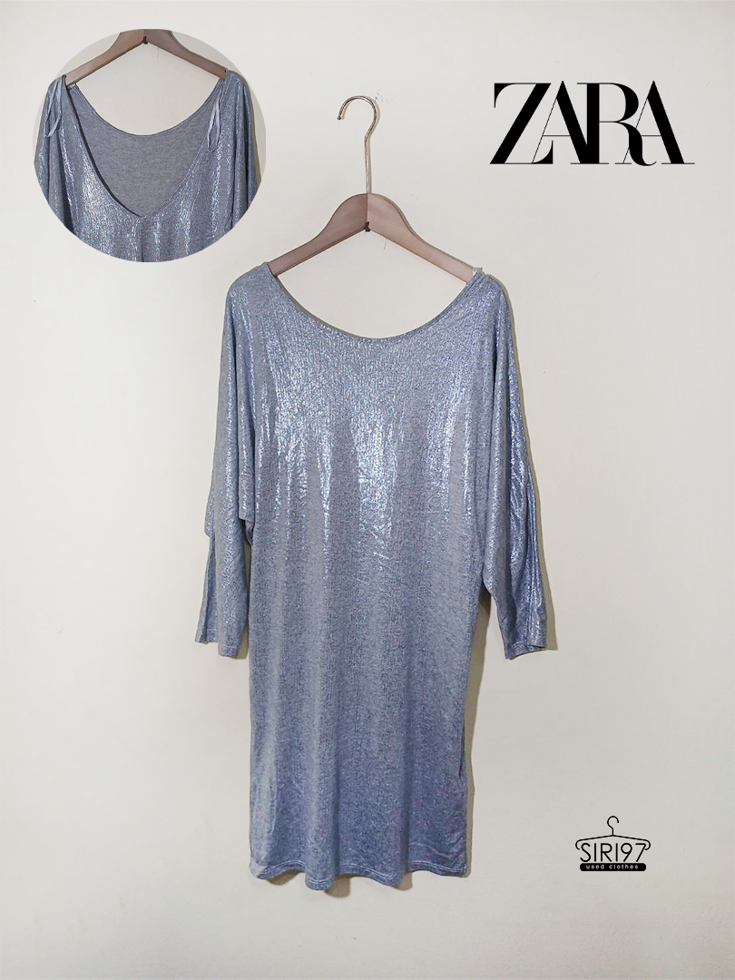 เดรสกระโปรงยาวคอวี ZARA สีเงิน ประกาย ผ้ายืด สภาพ 90%