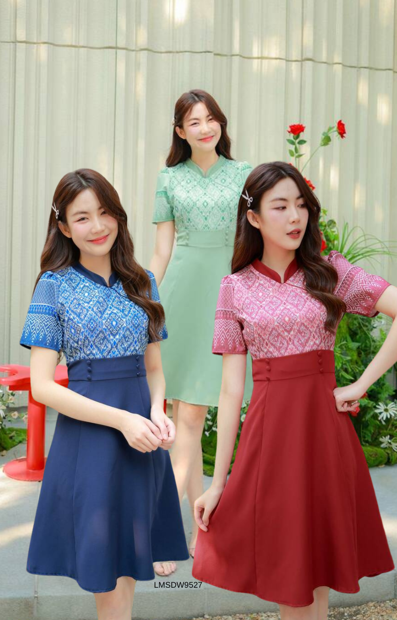 S-2XLเดรสลายไทย LMSDW9527
