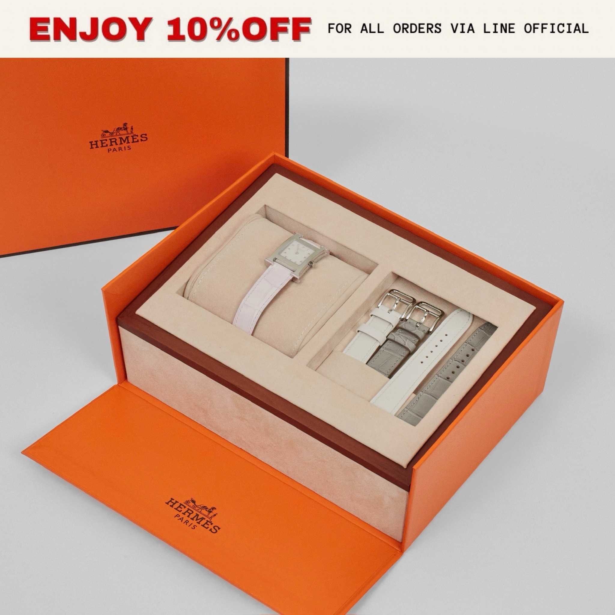 (C) NEW! HERMES Heure H Watch, Small Model, 25MM, Pink Diamond-Set สี Mauve Pale Alligator | ACC