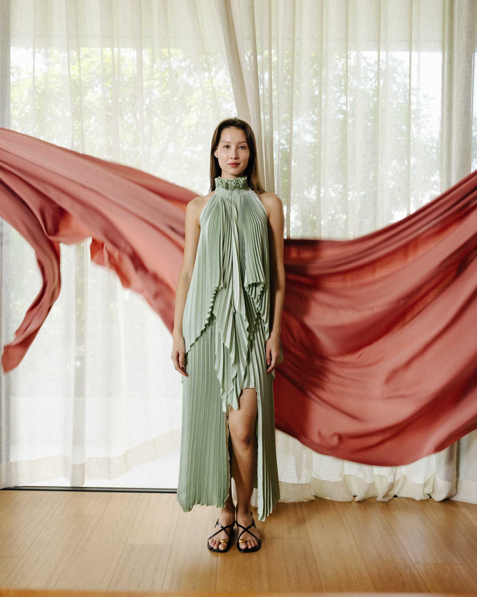 Ruffle Neck open back set (Top & Skirt) - Sage  Green