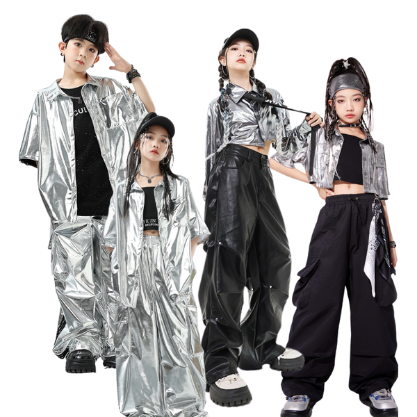 พร้อมส่ง ชุดเต้น Street dance เสื้อหนังเงิน+กางเกงขายาว