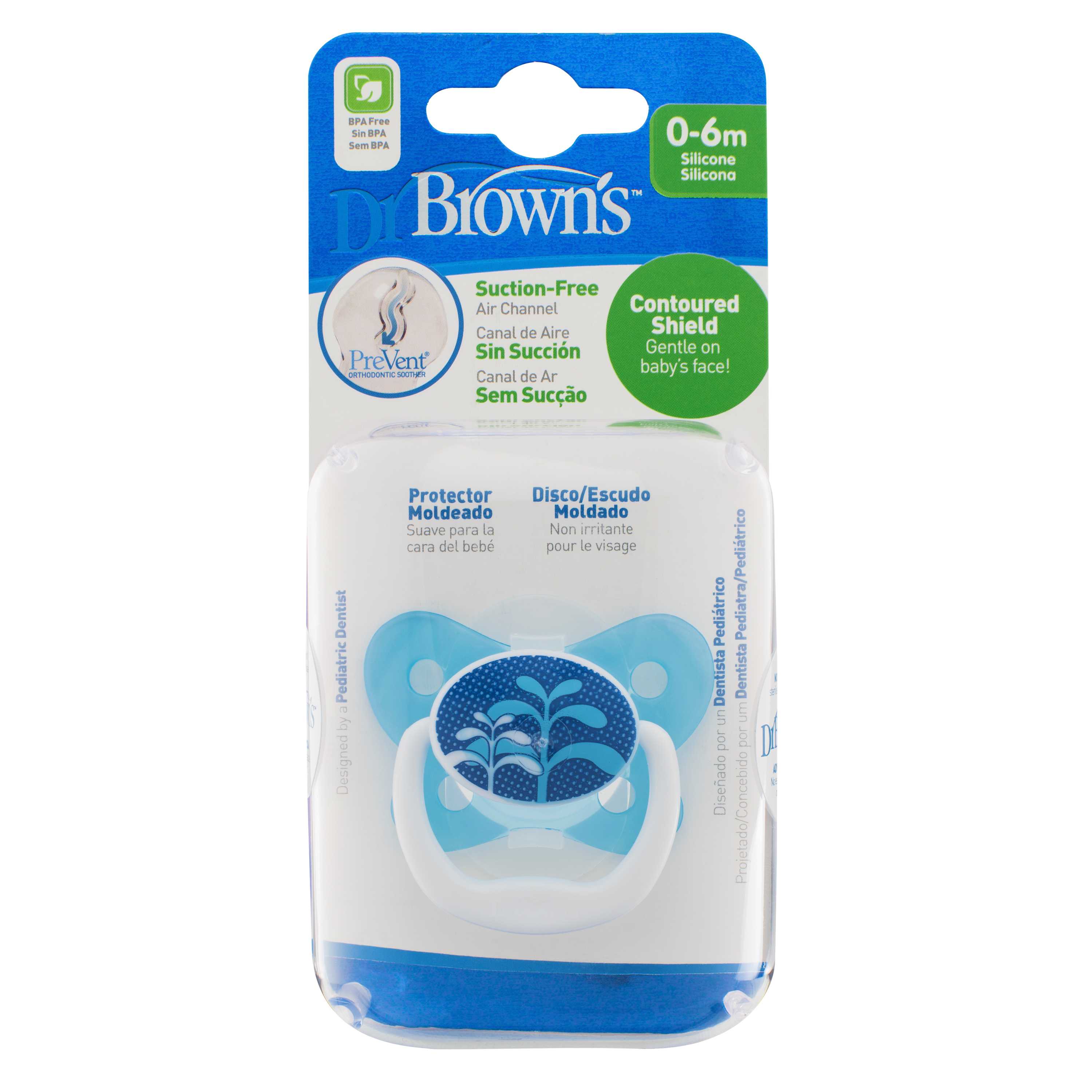 #จุกนมหลอก Dr.Brown's : DRBPV11404-SPX PreVent BUTTERFLY SHIELD Pacifier, Stage 1 0-6M - Blue, 1pk.