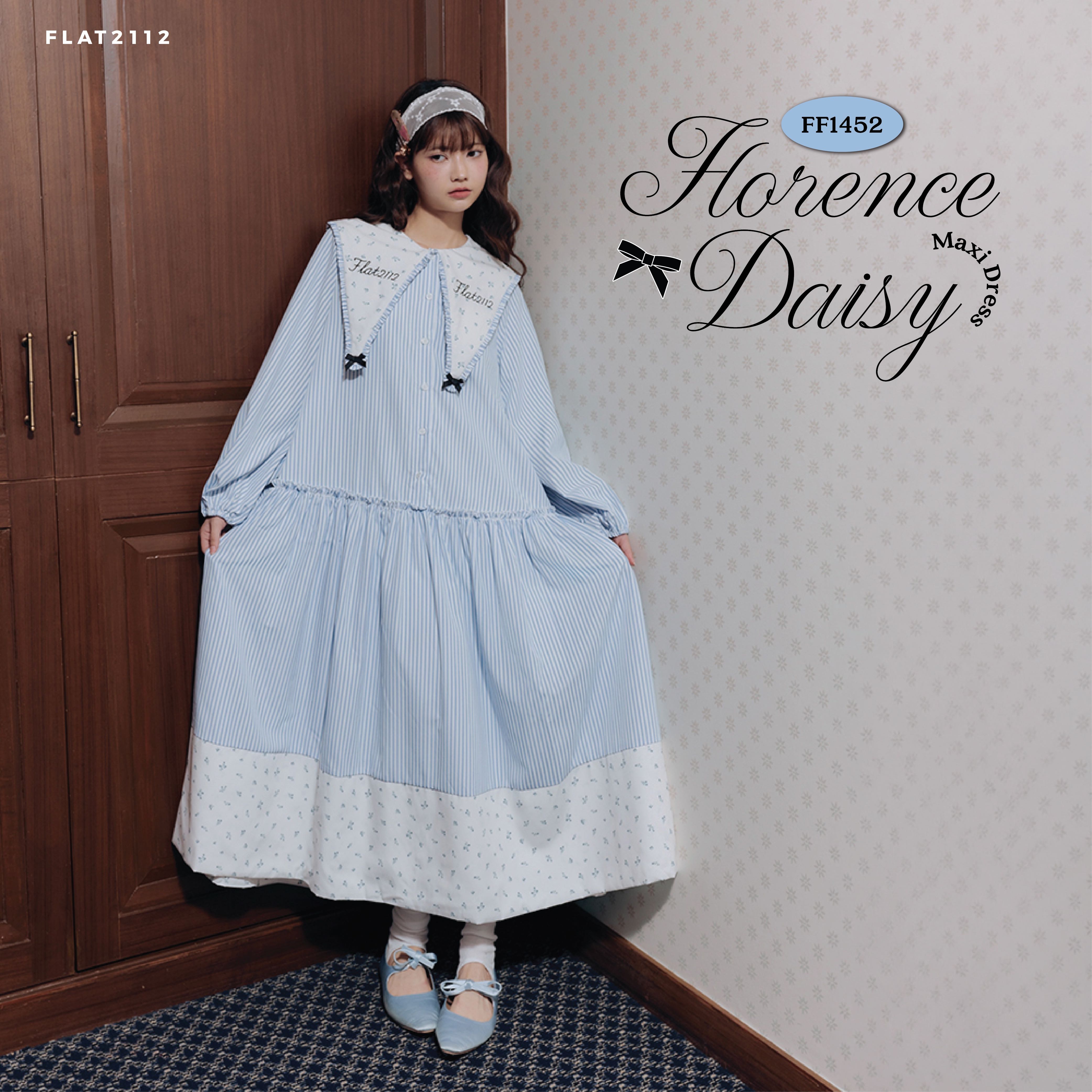 FLAT2112 : FLORENCE DAISY MAXI DRESS  เดรสยาวลายทางสีฟ้าคอปกใหญ่ เรียบร้อยน่ารัก (FF1452)
