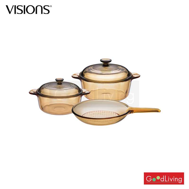 Visionsหม้อแก้วทนไฟพร้อมฝา ชุด 4 ชิ้น /กระทะแก้วทนไฟ 1 ชิ้น รุ่น V-01-VS-351/CL