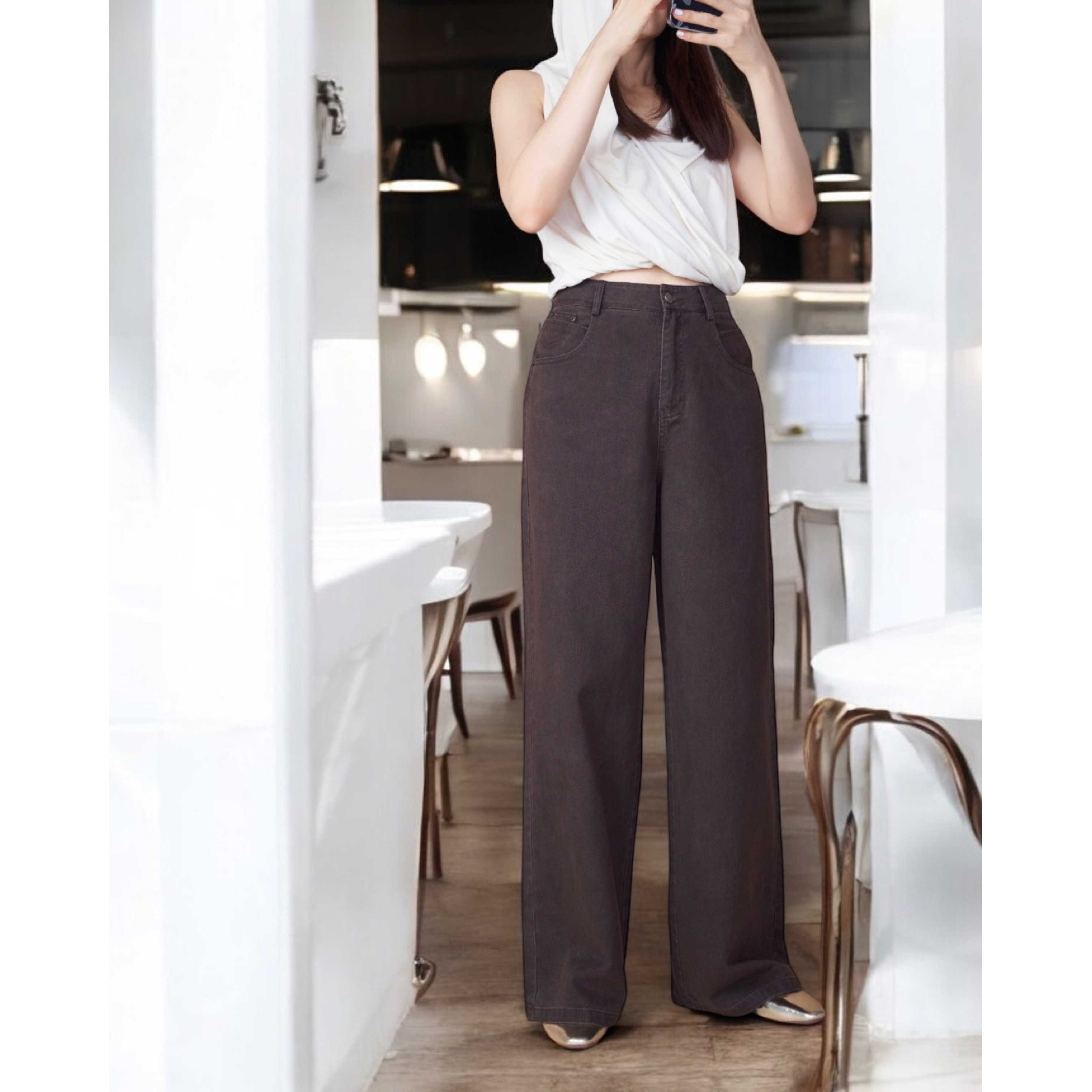 กางเกงยีนส์เอวสูง ทรง wide leg สีน้ำตาล