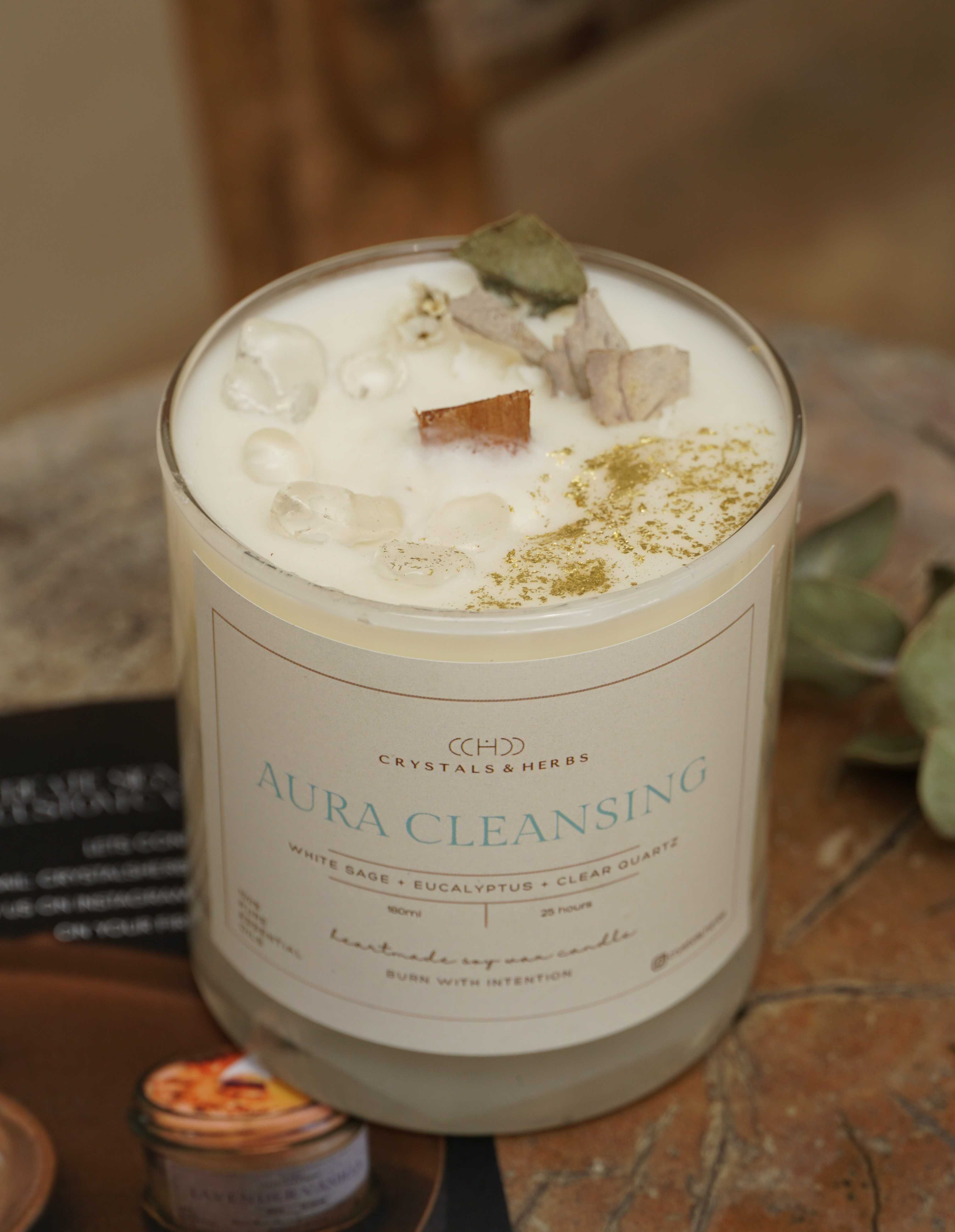 Aura Cleansing Soy Wax Candle 180ml- Crystals.herbs