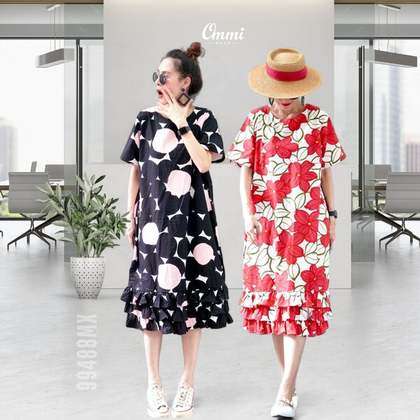 Ommishop 99488MX ชุดเดรสแฟชั่น คอกลม แต่งระบายชั้น ๆ ลายหลากหลาย Cotton Japan 100% (Bonus)[99488]