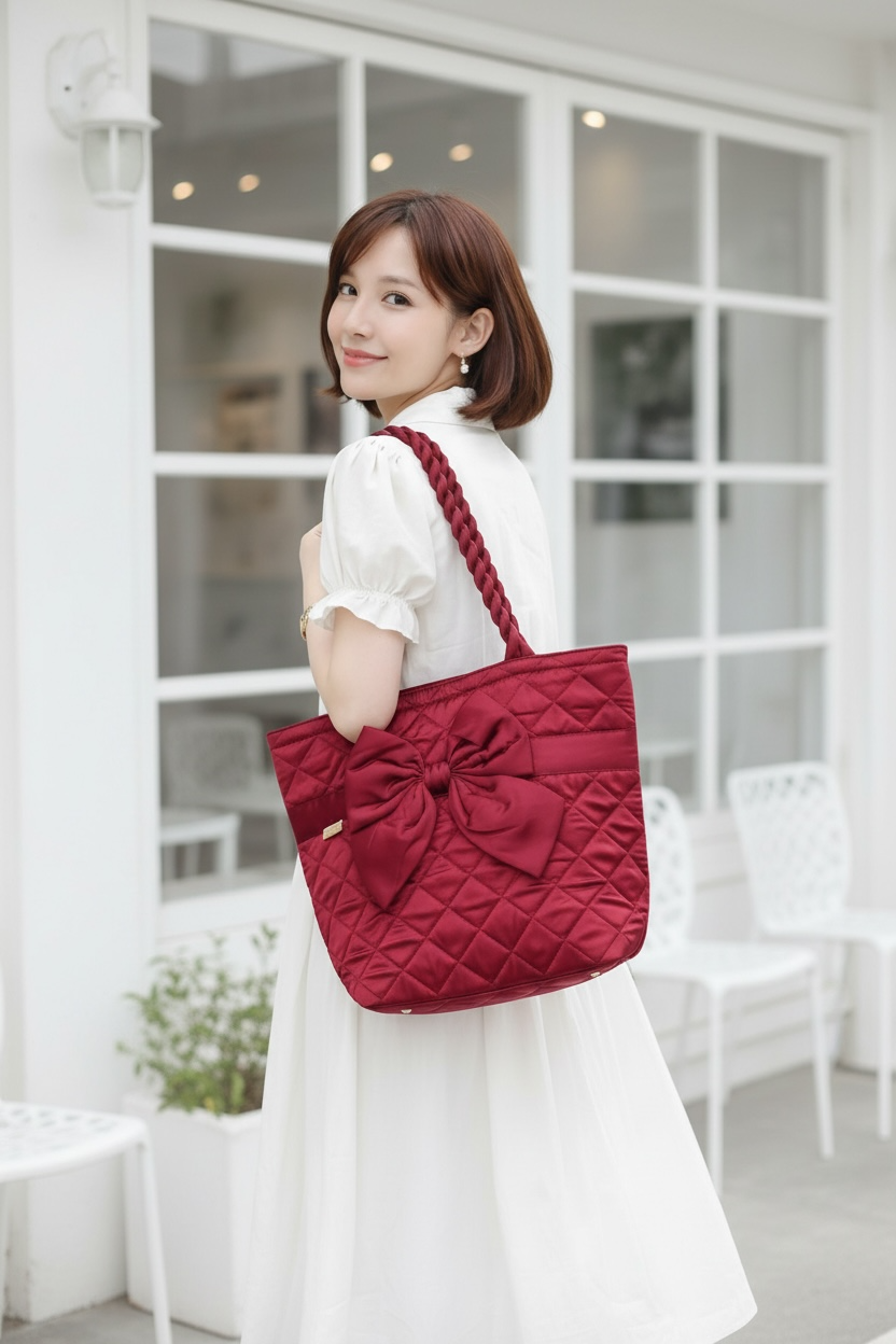 กระเป๋าผ้าซาตินหูเกรียว สีแดง แต่งโบว์ กว้าง 14.5 นิ้ว สูง 12 นิ้ว ฐานกว้าง 5.5 นิ้ว