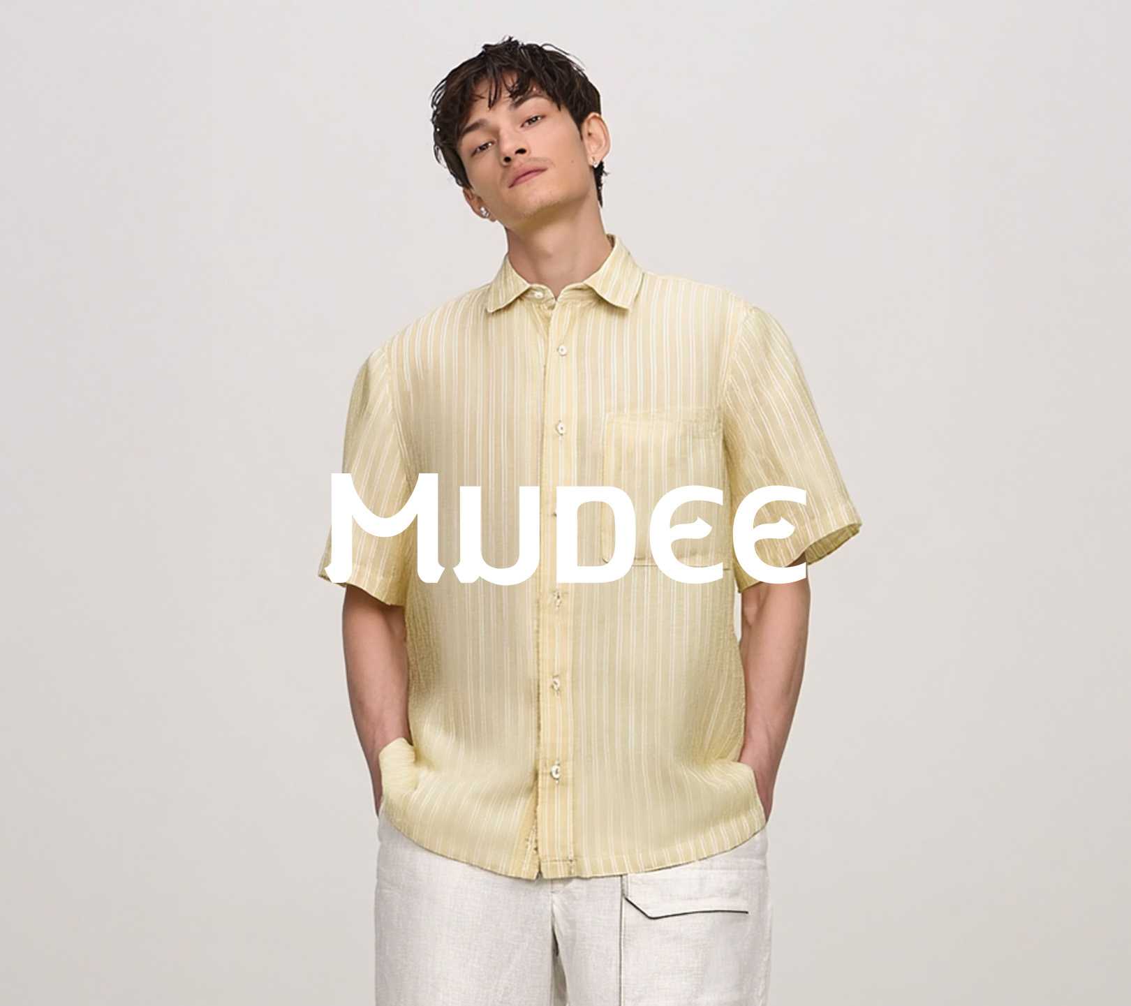 MUDEE เสื้อเชิ้ตผู้ชายลินิน สีเหลืองริ้ว Men's white shirt with thin yellow stripes