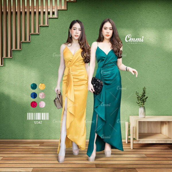 Ommishop ชุดราตรี 1234Z สายเดี่ยว ระบายผ่า ผ้าซาร่าเงา เดรสออกงาน ชุดงานแต่ง เพื่อนเจ้าสาว