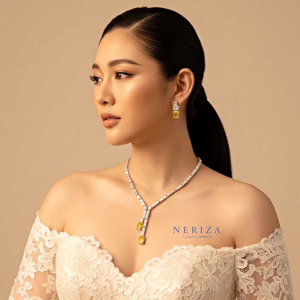 ชุดเครื่องประดับเจ้าสาวเพชรสังเคราะห์เกรดพรีเมี่ยม ดีไซสสี่เหลี่ยม รหัส NZC002