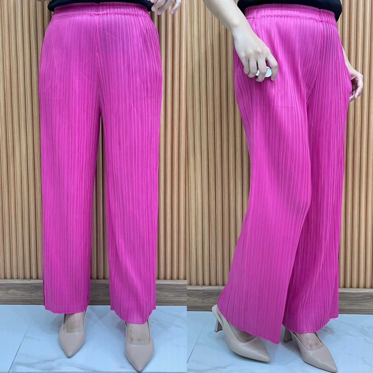 PleatByNisa A785 (กางเกง) อัดพลีทขากระบอก มีกระเป๋าข้าง เอวฟรีไซส์ยางยืด  Polyester100%