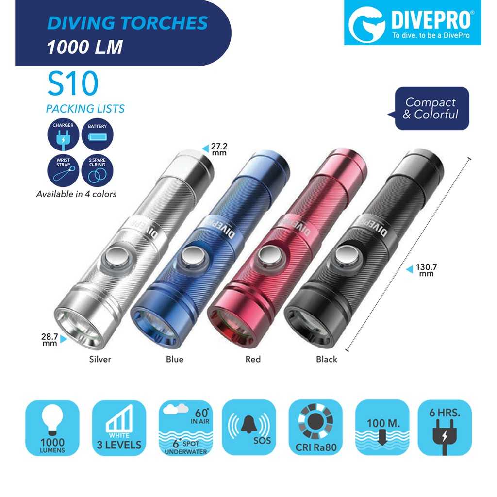 ไฟฉายดำน้ำลึก สว่าง 1000 LM (DivePro)  (NIGHT DIVE TORCH) S10