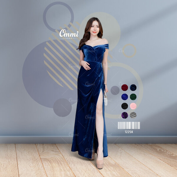 Ommishop ชุดราตรี 1225K ปาดวีนก กำมะหยี่ เดรสออกงาน ชุดงานแต่ง เพื่อนเจ้าสาว