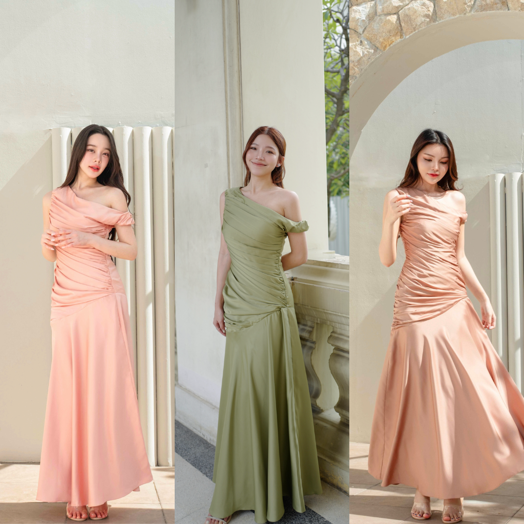 Pirunya - Long Dress 18 เดรสยาว ไหล่เดียว แขนกุด จับเดรป รูดเฉลียง กระโปรงระบาย