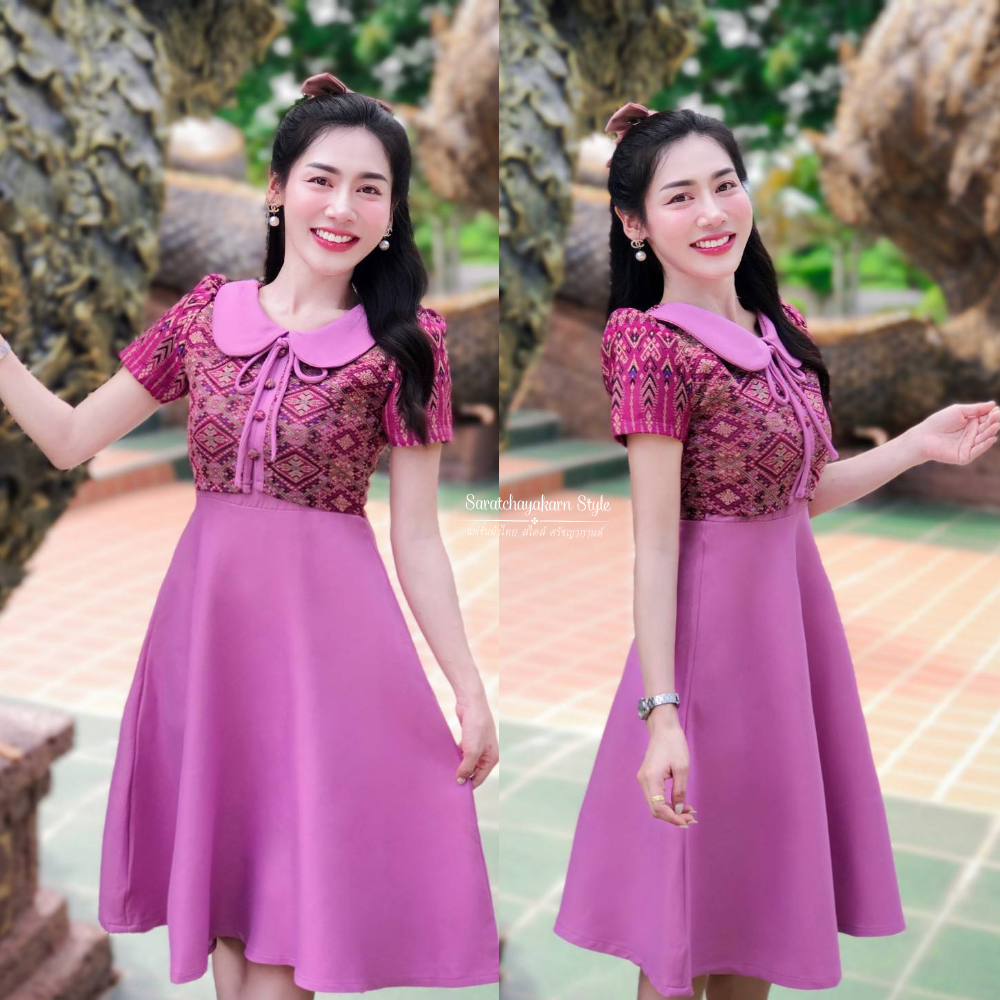 เดรสผ้าไทย เดรสผ้าฝ้ายทอลาย  คอบัว แต่งกั๊ก สีม่วง 💜 อัดกาวทั้งชุด กระโปรงบาน พริ้วสวยมาก