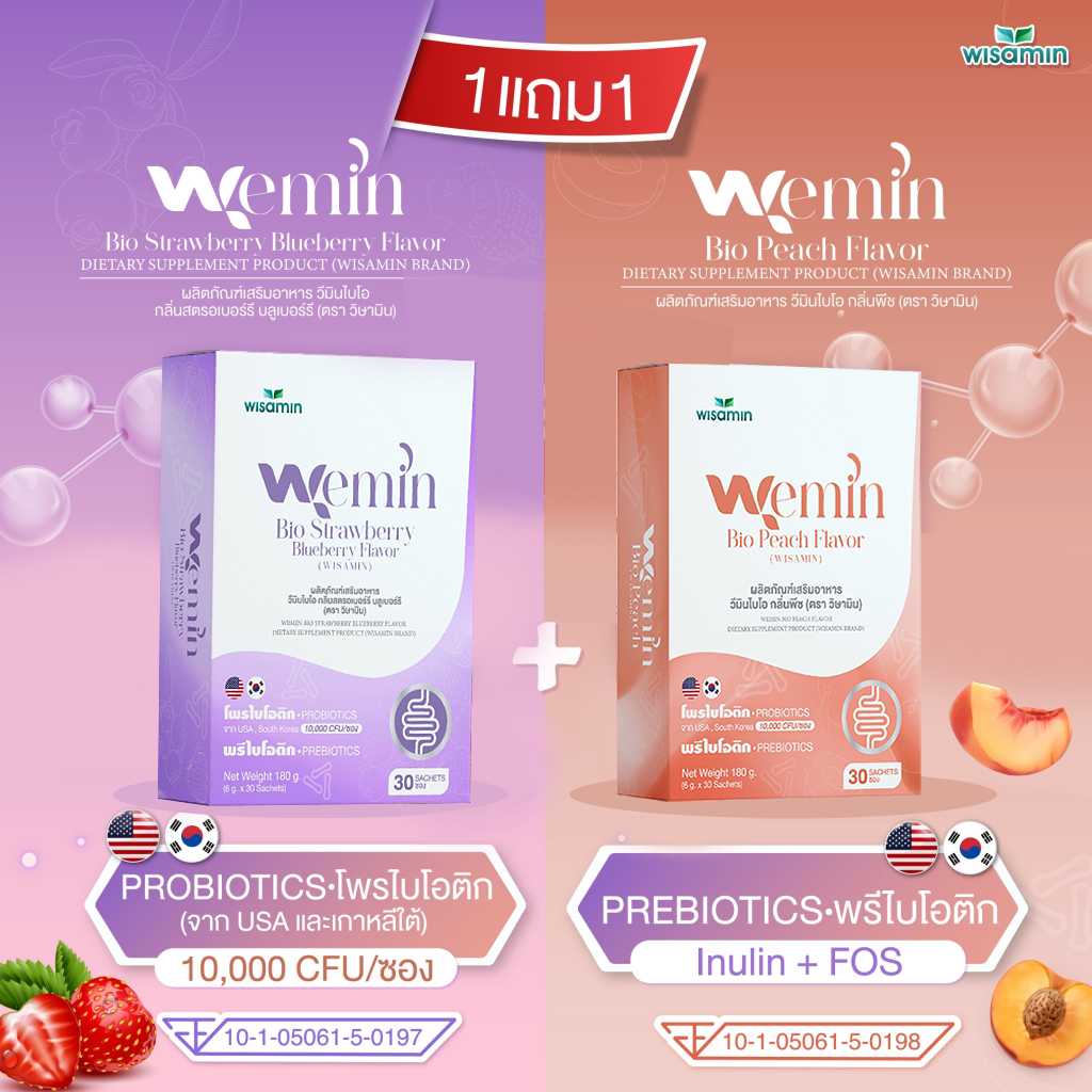 ซื้อ 1 แถม 1 WEMIN BIO วีมินไบโอ (มี 2 รสชาติ) พรีไบโอติก โพรไบโอติก (ตราวิษามิน) 2 กล่อง รวม 60 ซอง