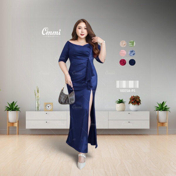 Ommishop ชุดราตรี 1007SA-PS คอปาด แขนศอก แต่งระบายผ่า ผ้าซาติน เดรสออกงาน ชุดงานแต่ง เพื่อนเจ้าสา...