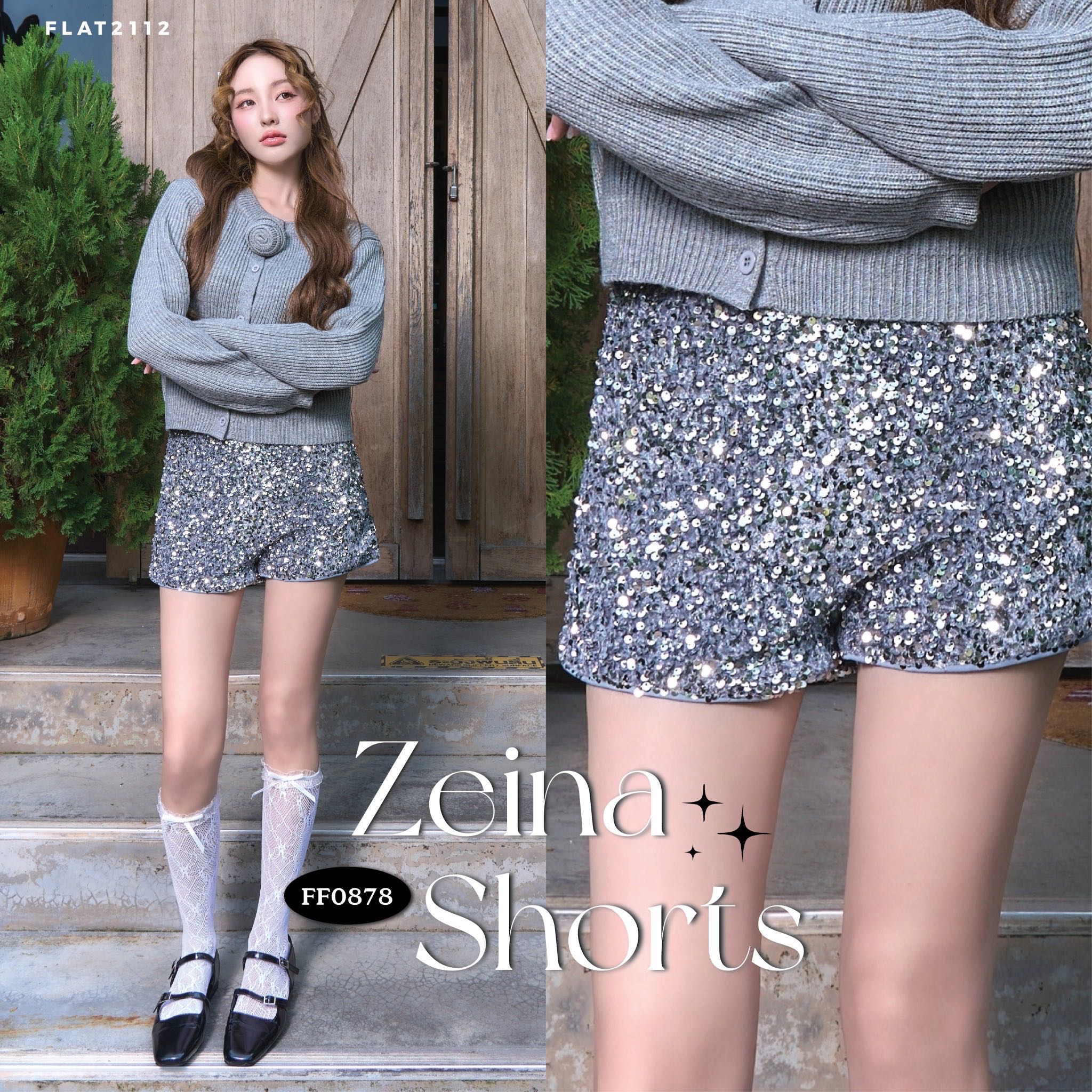 FLAT2112 FF0878 : ZEINA SHORTS  กางเกงขาสั้น กางเกงปักเลื่อม