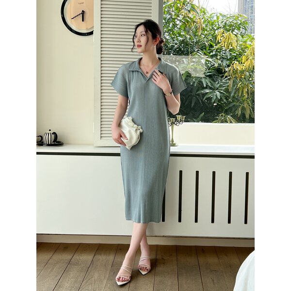 2MUAY รุ่น GJO10189 เดรสอัดพลีทคุณภาพ POLO SHORT SLEEVE PLEATED DRESS 10 สี FREE SIZE