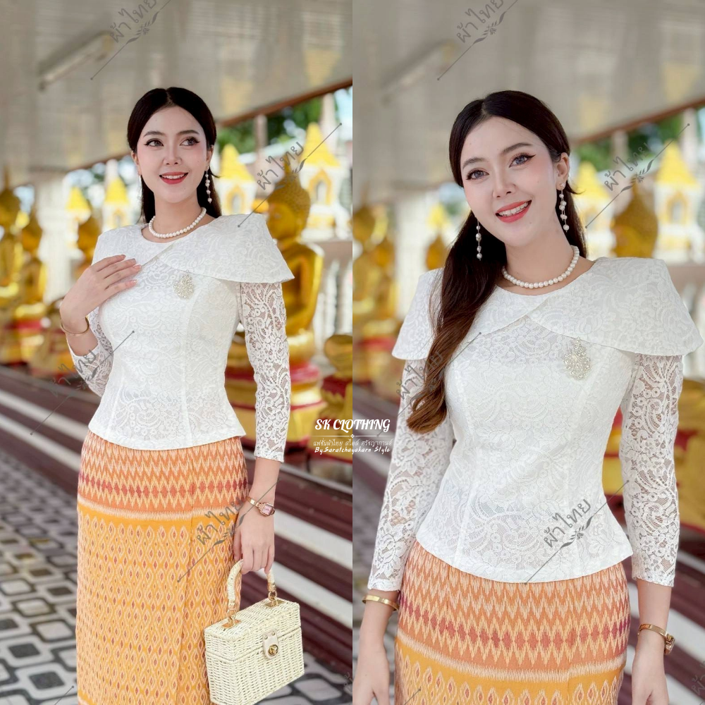 เสื้อลูกไม้ คอกลม  แขนยาว แต่งแขนปีกนก ไฮโซมาก ใส่กับผ้าถุงไปงานบวชงานบุญสวยสุดๆ