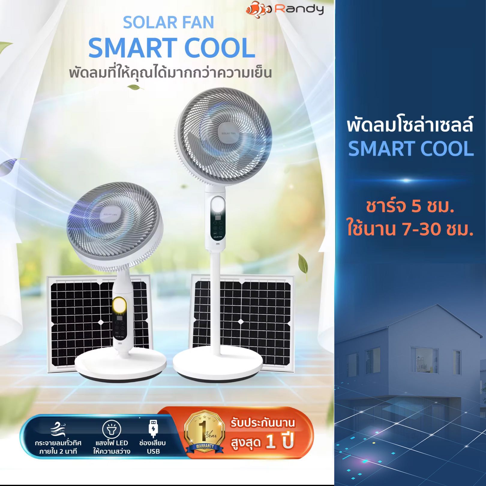 Randy พัดลมโซล่าเซลล์ รุ่น Smart Cool สไตล์มินิมอล