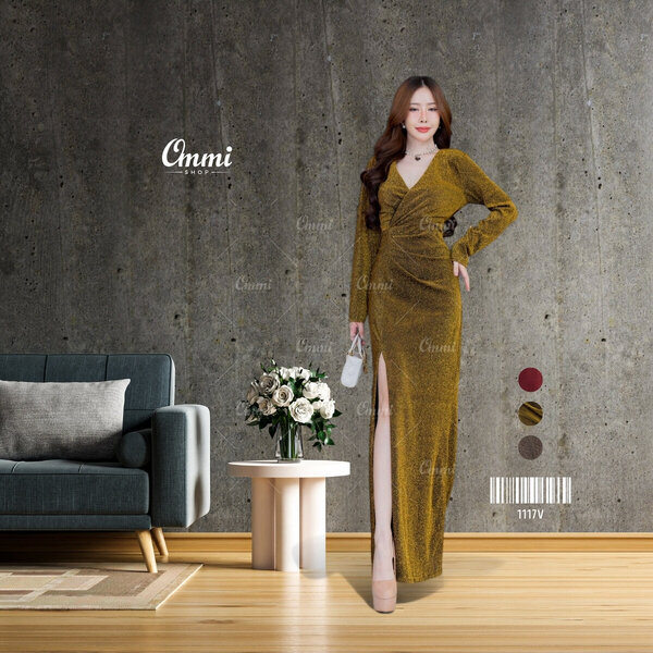Ommishop ชุดราตรี 1117V แขนยาว คอวีลึกตรง ผ้า Glitter เดรสออกงาน ชุดงานแต่ง เพื่อนเจ้าสาว