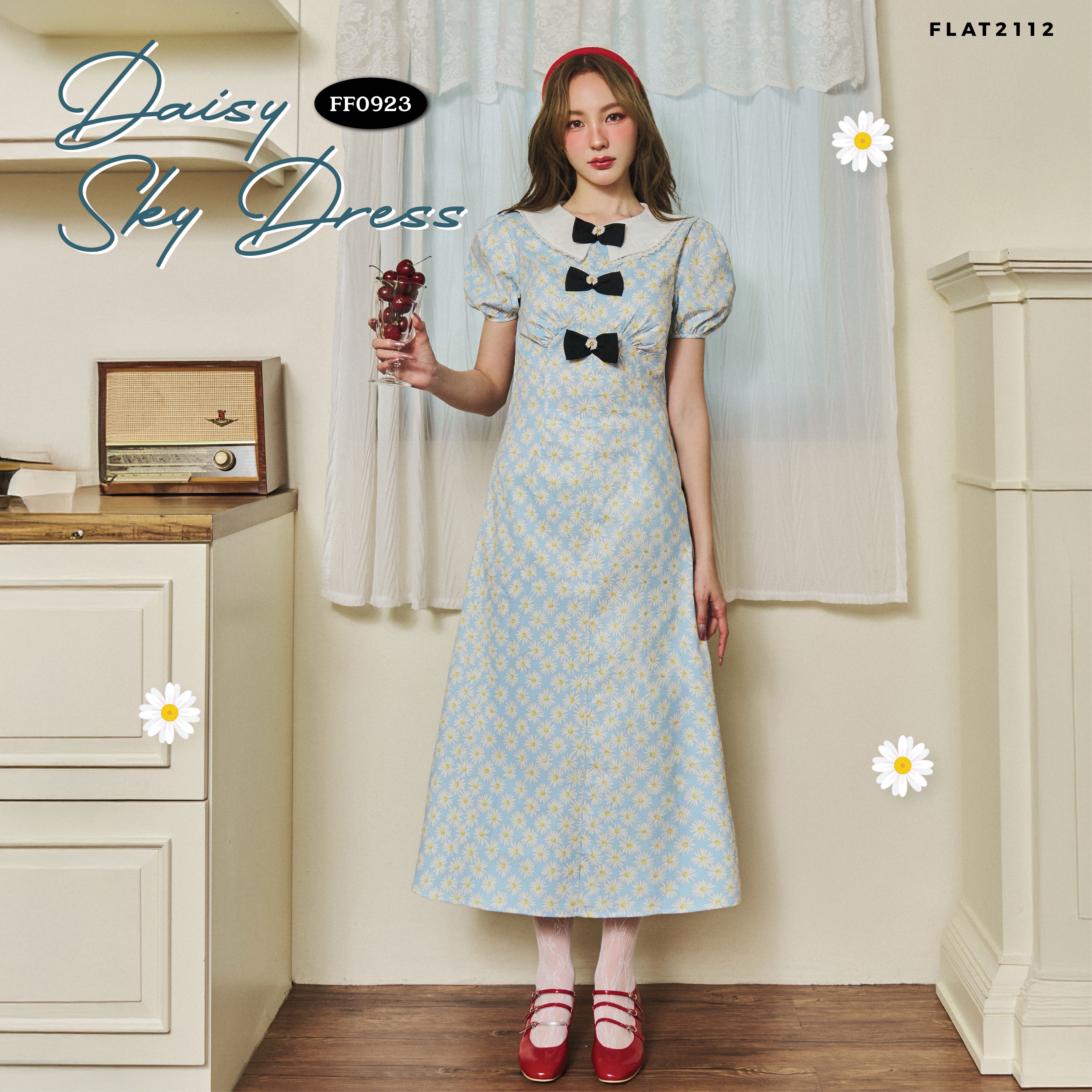 FLAT2112 FF0923 : DAISY SKY DRESS เดรสยาวแขนสั้น คอปก แต่งโบว์ เดรสออกงาน
