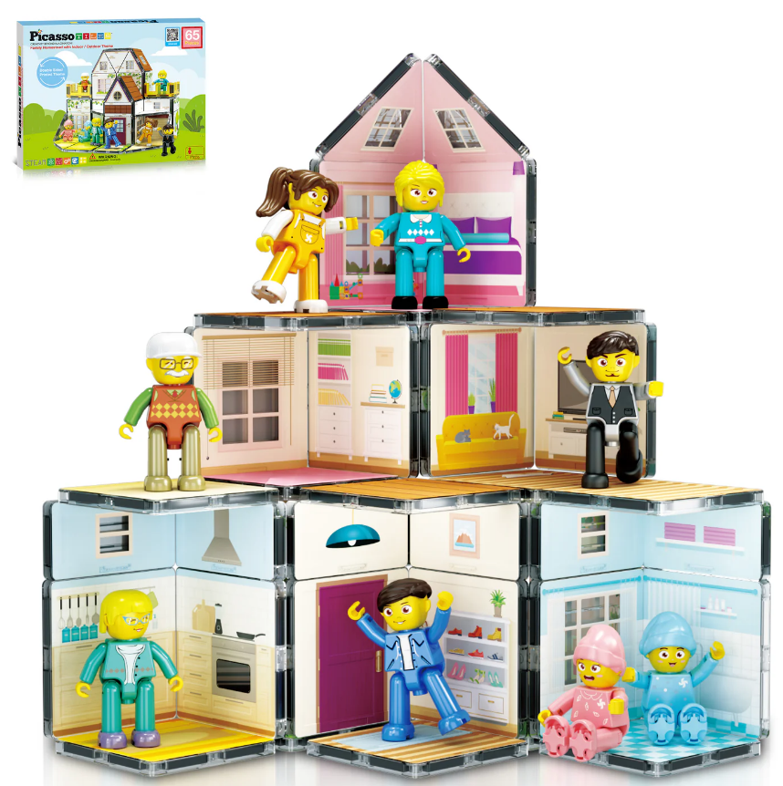 PicassoTiles 65 Pc Family Doll House with Character Action Figures