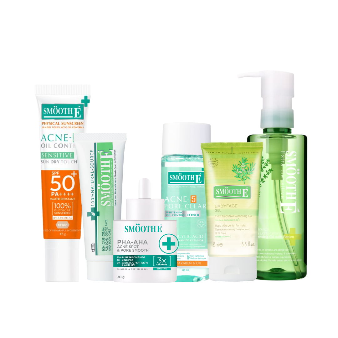 (รับ 2 สิทธิ์ร่วมกิจกรรม) เซ็ตสยบทุกปัญหาสิว เผยผิวกระจ่างใส Smooth E All-in-One Acne Treatment Set