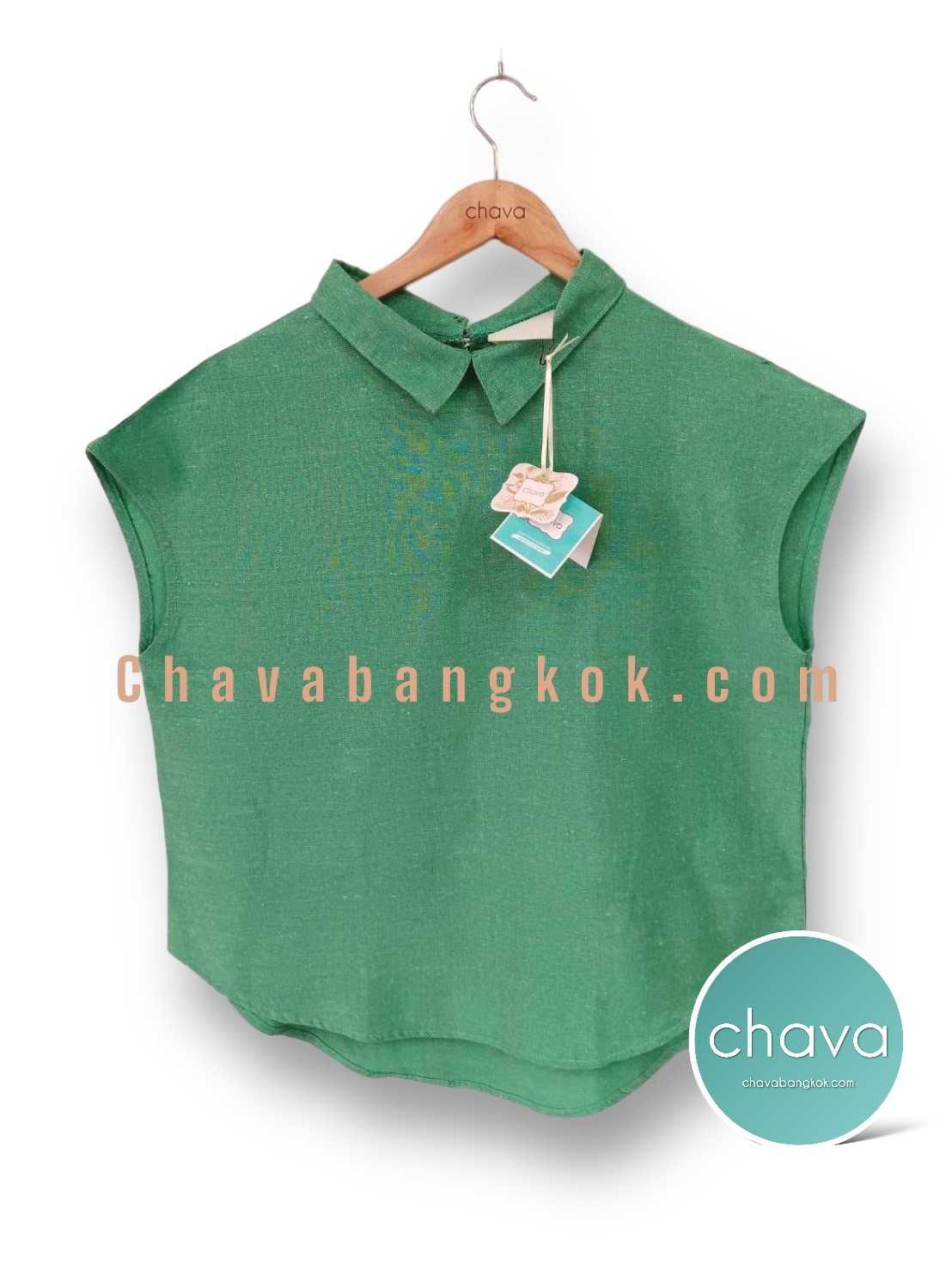 NEW!! เสื้อ Top / BLOUSE (สีเขียว) คอปก แขนกุด กระดุมหลัง