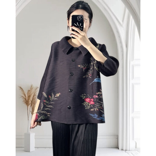 ปรับราคาลง!! 2MUAY PP62882 เสื้อพลีทคุณภาพ COLLAR BUTTON FRONT PRINTED PLEATED TOP 4 สี FREE SIZE