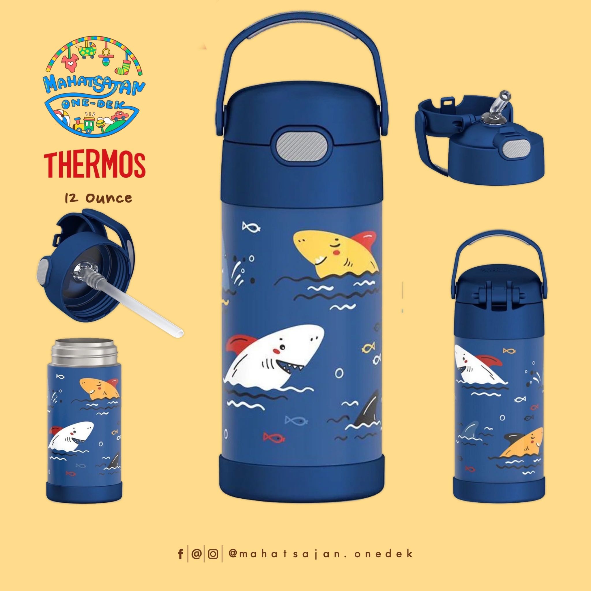 Shark  The Funtainer 12 Oz Water Bottle With Straw  กระติกดูดน้ำแตนเลสหุ้มฉนวนสุญญากาศ