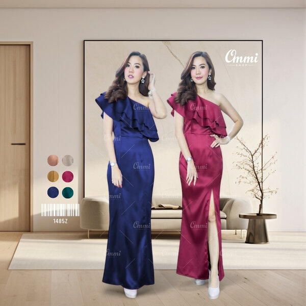Ommishop ชุดราตรี 1485Z ชุดออกงานเดรสไหล่เบี่ยง ผ้าซาร่าเงา เดรสออกงาน ชุดงานแต่ง เพื่อนเจ้าสาว