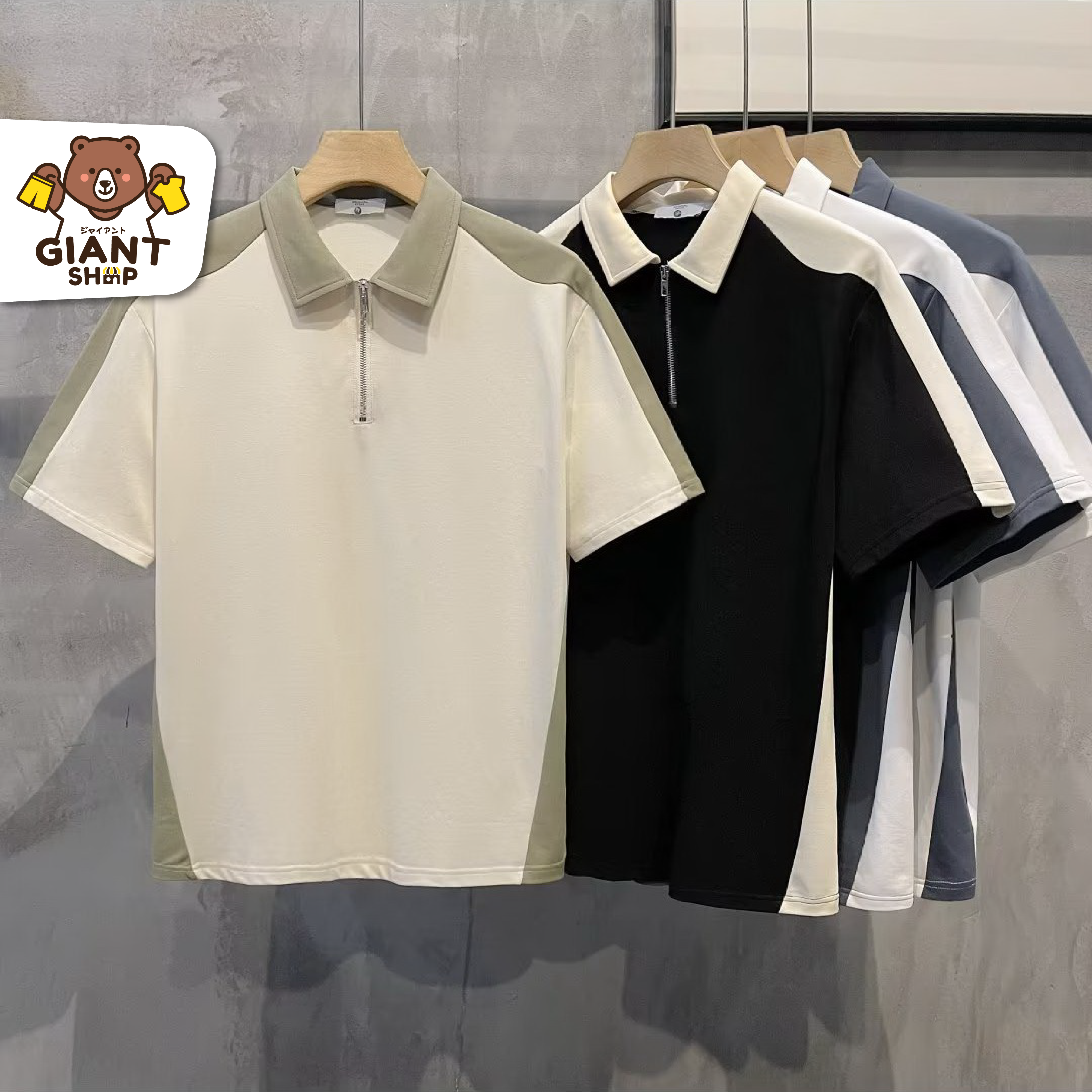 GIANTSHOP เสื้อโปโลแขนสั้น ขอบ 2 สี รุ่นซิป (C-318)