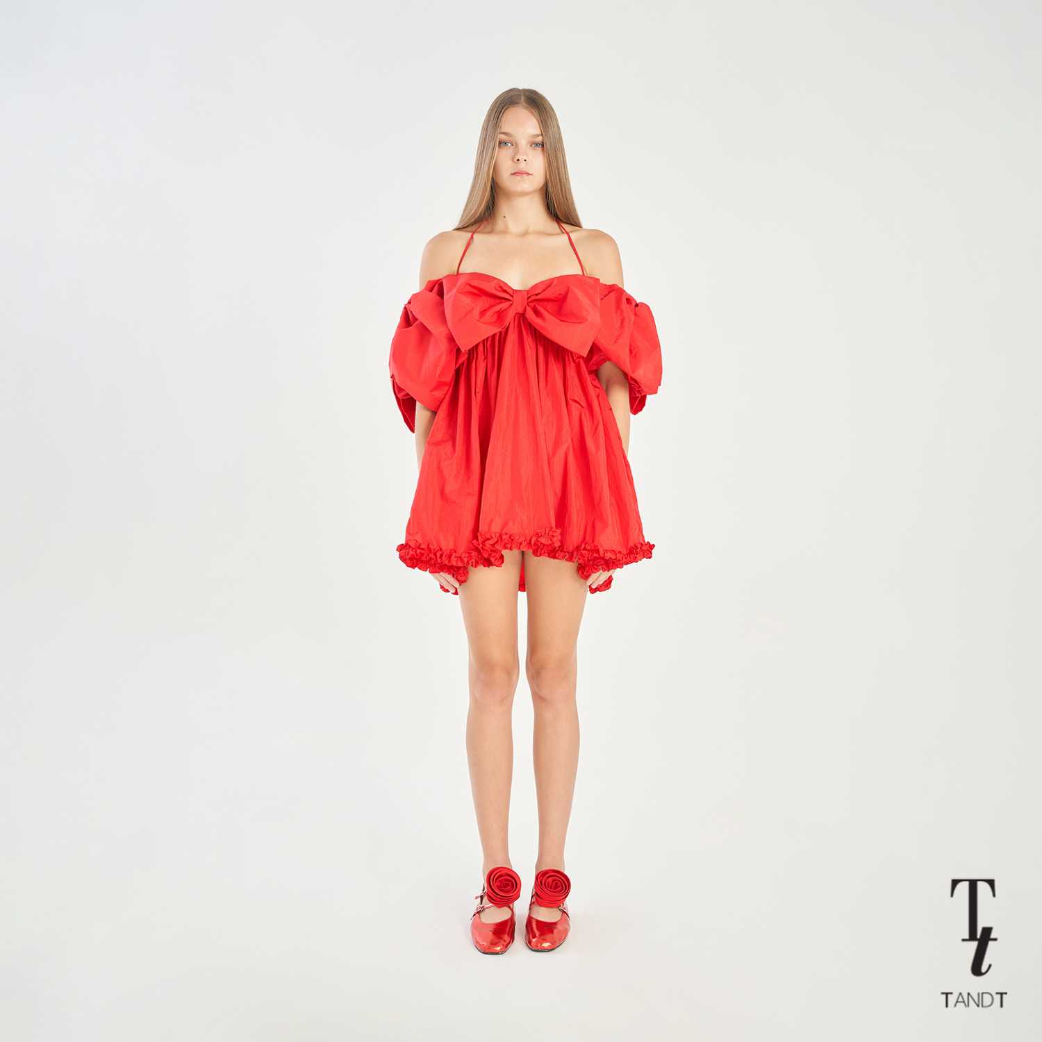 TandT - MINNIEMILL RED DRESS - OFF-THE-SHOULDER BOWS RUFFLE TRIMMED MINI DRESS