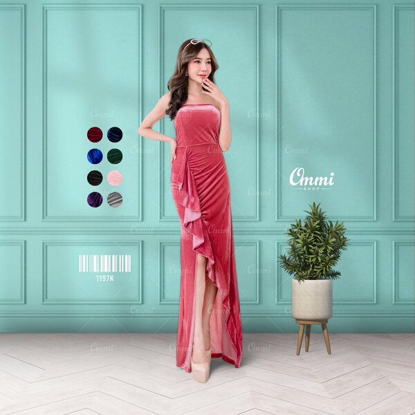 Ommishop ชุดราตรี 1197K สายเดี่ยวเกาะอก กำมะหยี่ เดรสออกงาน ชุดงานแต่ง เพื่อนเจ้าสาว