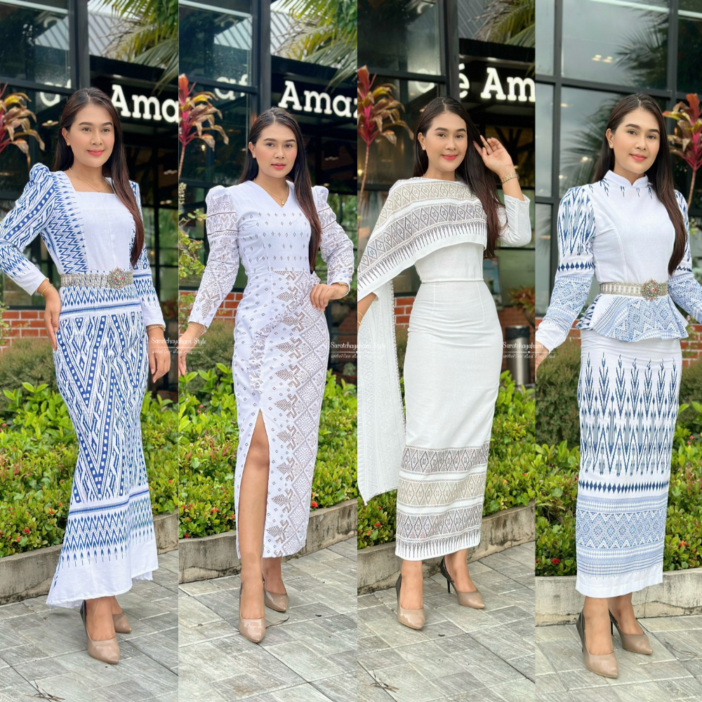ชุดผ้าไทย เนื้อผ้าฝ้ายหมักโคลนพิมพ์ลาย สีขาว ผ้าไม่บาง ไม่อัดกาว งานเข้ารูปเข้าทรงสวยมาก