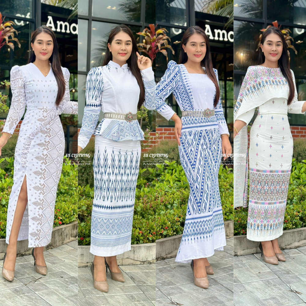 ชุดผ้าไทย ชุดผ้าฝ้ายหมักโคลนพิมมพ์ลาย สีขาว  งานเข้ารูปเข้าทรง ผ้าไม่บาง ไม่อัดกาว ใส่ออกงานปังมาก