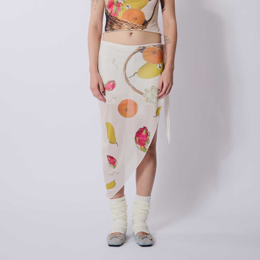 BLACKDOG BKK-AW2422-Gift basket printed skirt-กระโปรงตาข่ายซีทรูผ้ายืดพิมพ์ลายผูกข้าง (ไม่มีซับใน)