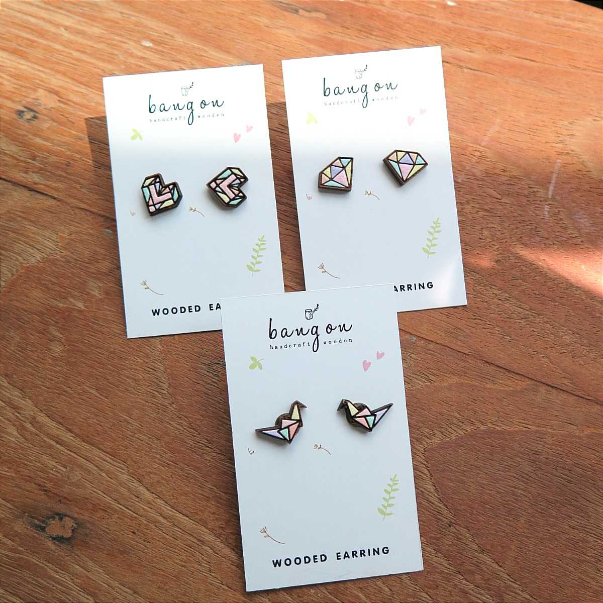 Wooden earring heart | diamond | origami bird