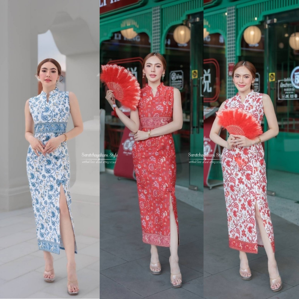 ชุดเดรสยาว ผ้าปาเต๊ะ พิมพ์ลาย คอจีน ผ่าหน้า แขนกุด งานเข้ารูป ทรงสวย Sexy มาก