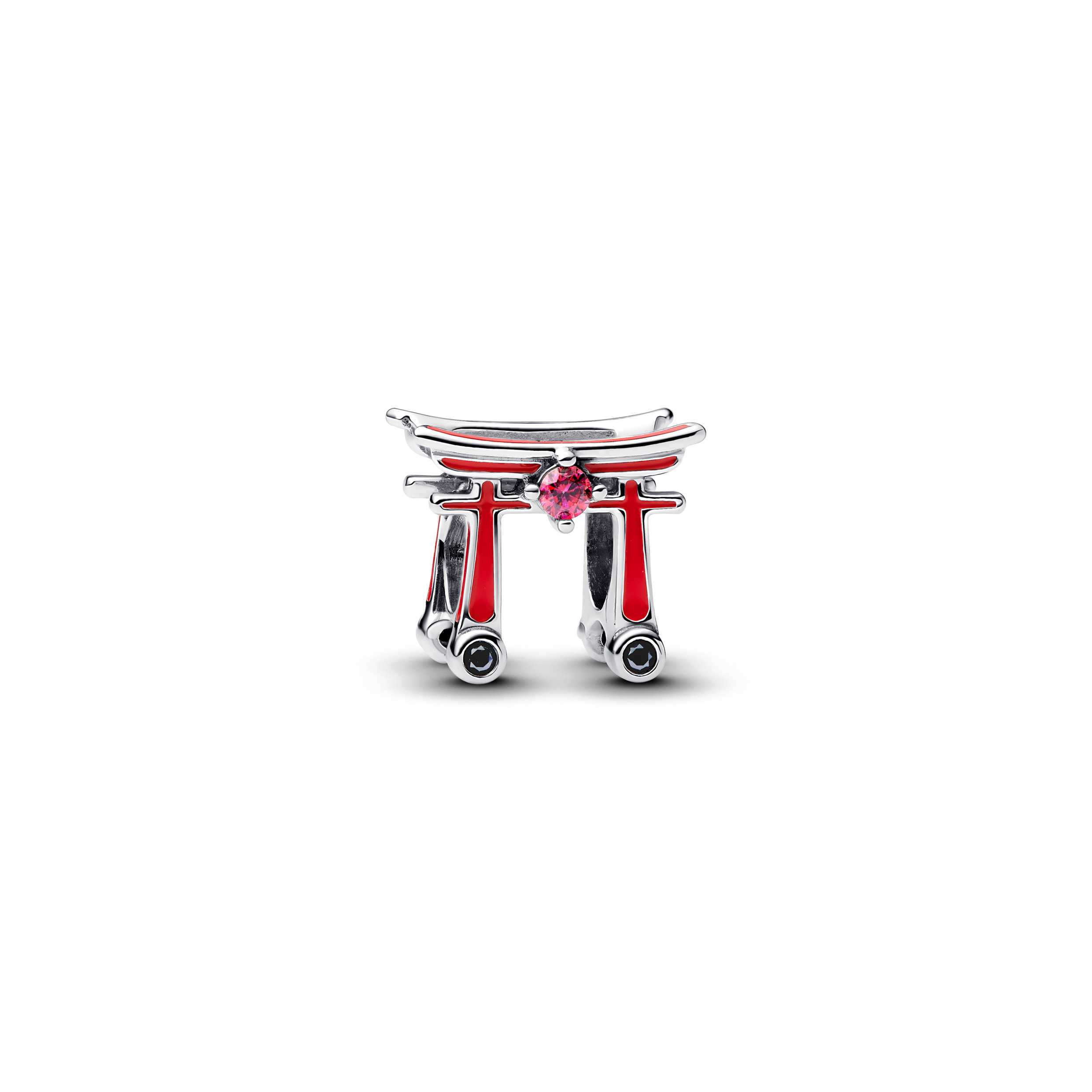 Torii Gate sterling silver charm with black crystal, red cubic zirconia and red enamel